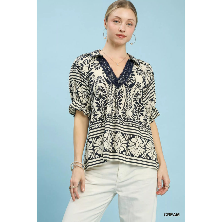 Umgee Two Tone Boarder Print Top CREAM / S Apparel and Accessories