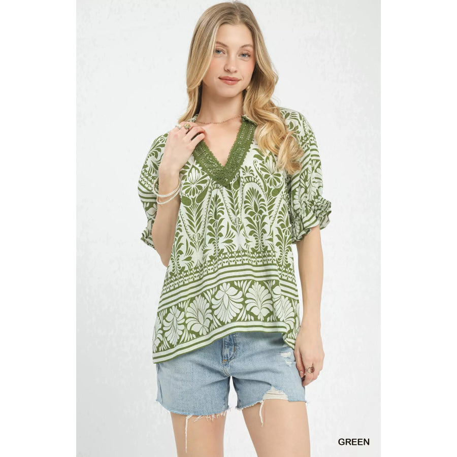 Umgee Two Tone Boarder Print Top GREEN / S Apparel and Accessories