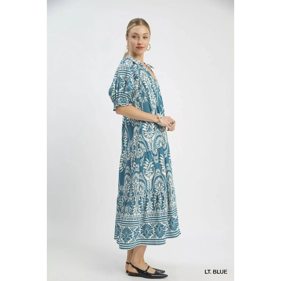 Umgee Two tone Border Print Midi Dress Apparel and Accessories