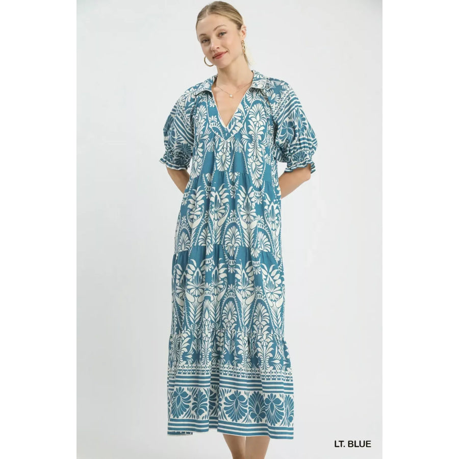 Umgee Two tone Border Print Midi Dress Apparel and Accessories