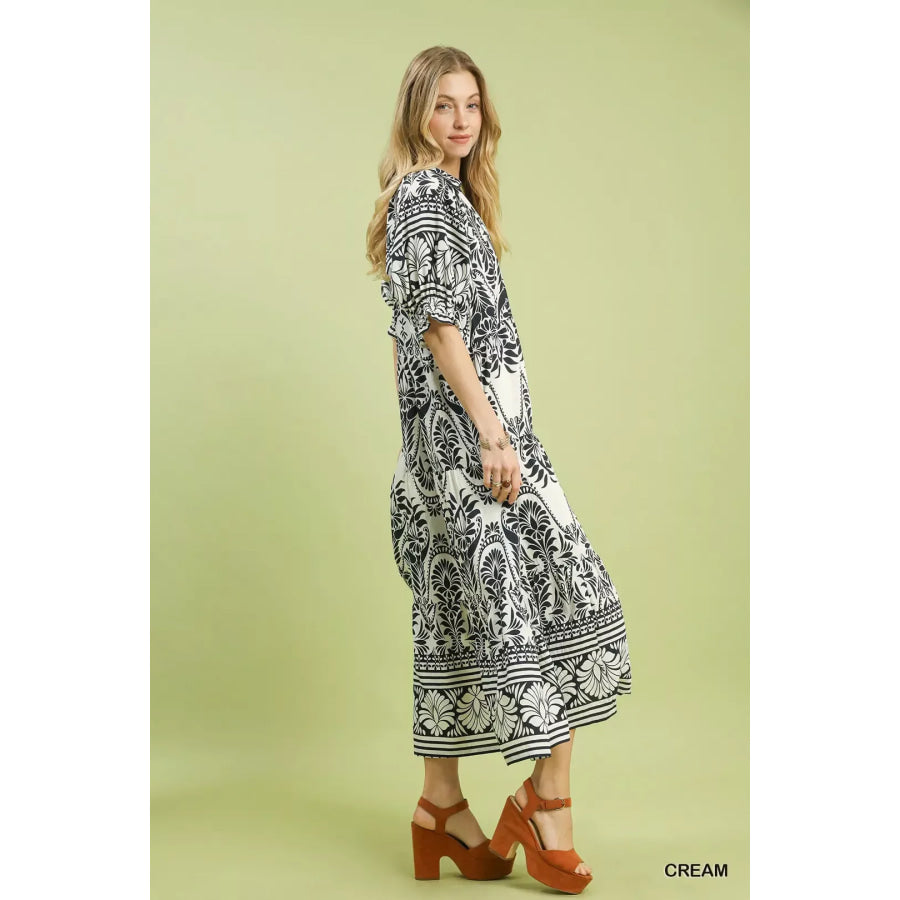 Umgee Two tone Border Print Midi Dress Apparel and Accessories