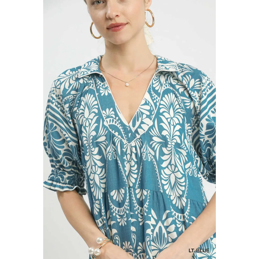 Umgee Two tone Border Print Midi Dress Apparel and Accessories