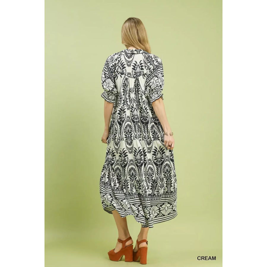 Umgee Two tone Border Print Midi Dress Apparel and Accessories