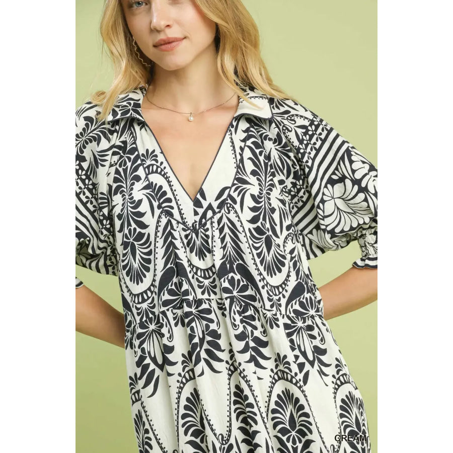 Umgee Two tone Border Print Midi Dress Apparel and Accessories