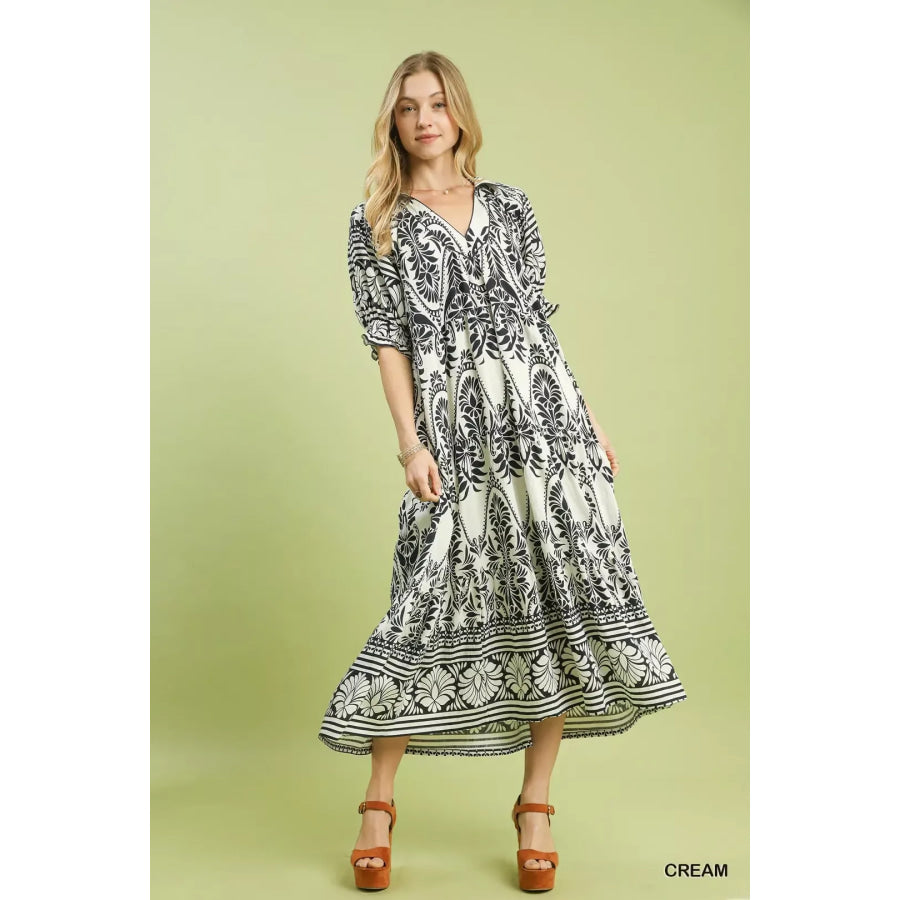 Umgee Two tone Border Print Midi Dress CREAM / S Apparel and Accessories