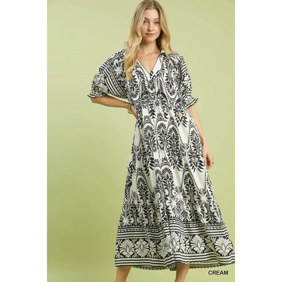 Umgee Two tone Border Print Midi Dress CREAM / S Apparel and Accessories