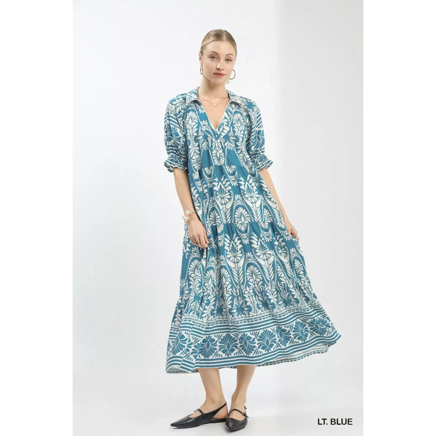 Umgee Two tone Border Print Midi Dress LT. BLUE / S Apparel and Accessories