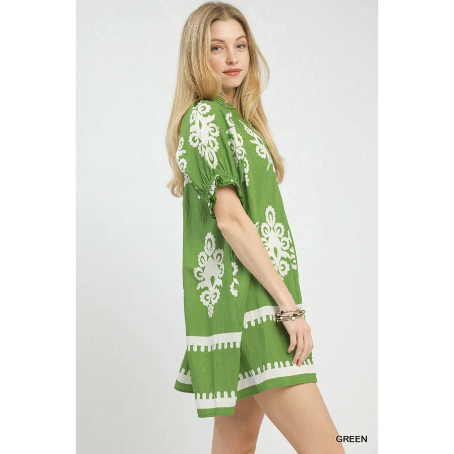 Umgee Two Tone Border Print Mini Dress GREEN / S Apparel and Accessories