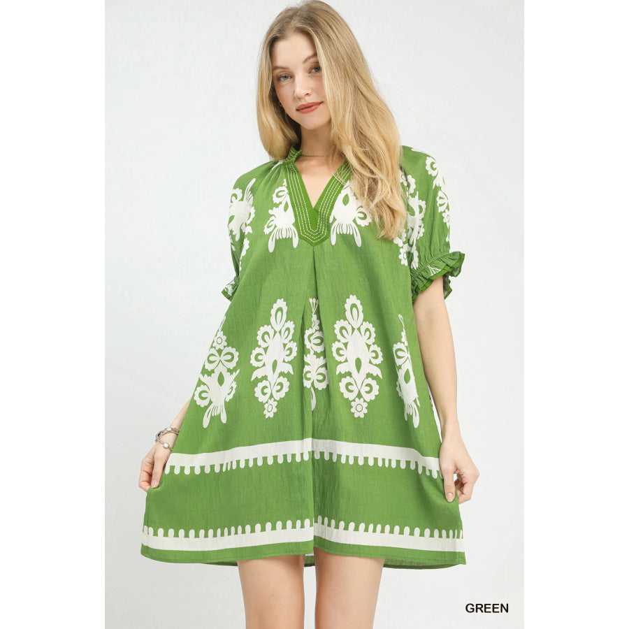 Umgee Two Tone Border Print Mini Dress GREEN / S Apparel and Accessories