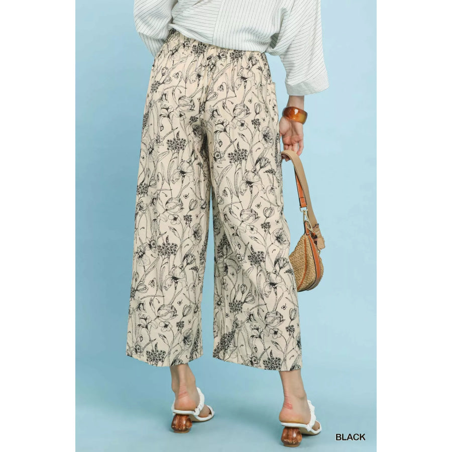 Umgee Two Tone Floral Print Pants Apparel and Accessories