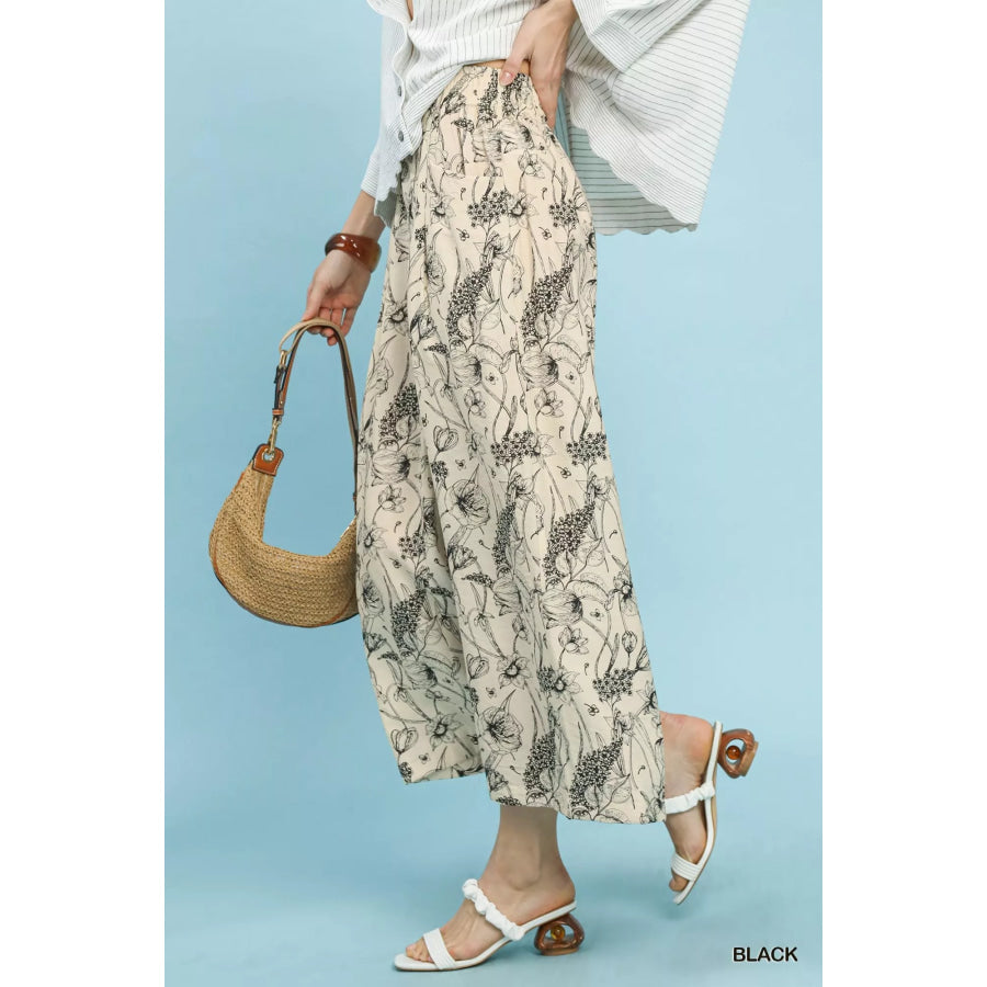 Umgee Two Tone Floral Print Pants Apparel and Accessories