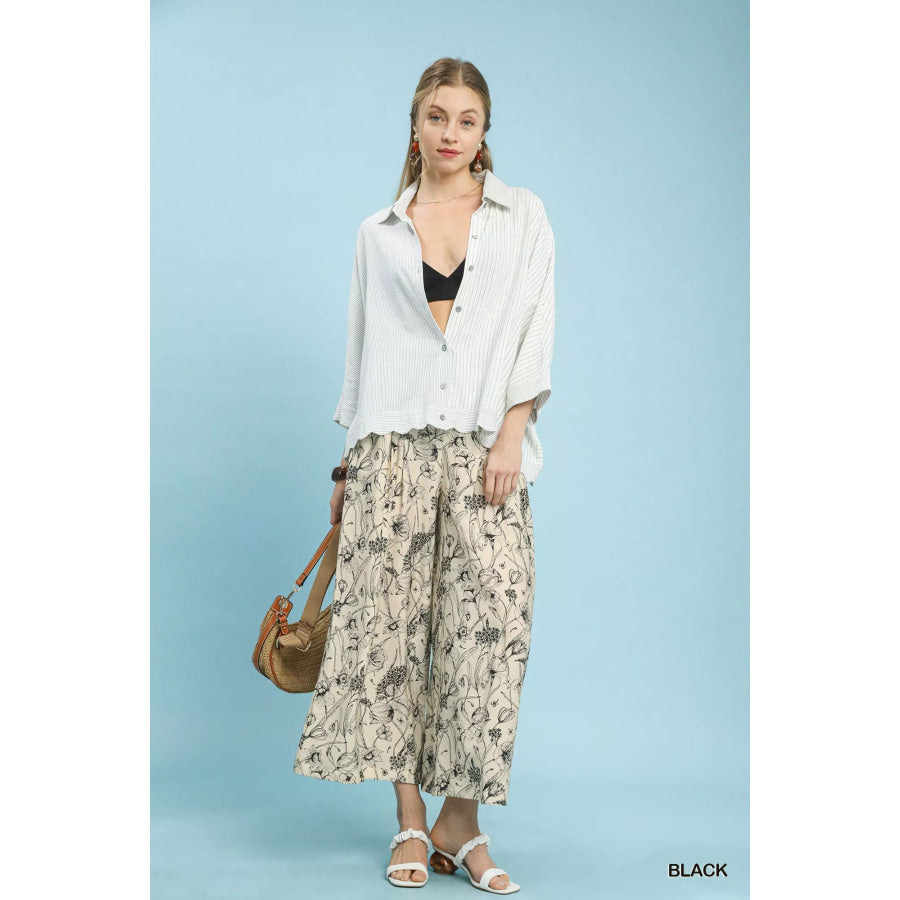 Umgee Two Tone Floral Print Pants Apparel and Accessories