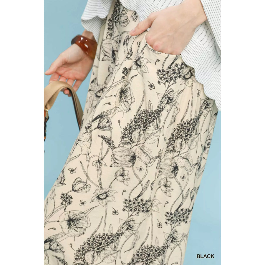 Umgee Two Tone Floral Print Pants Apparel and Accessories