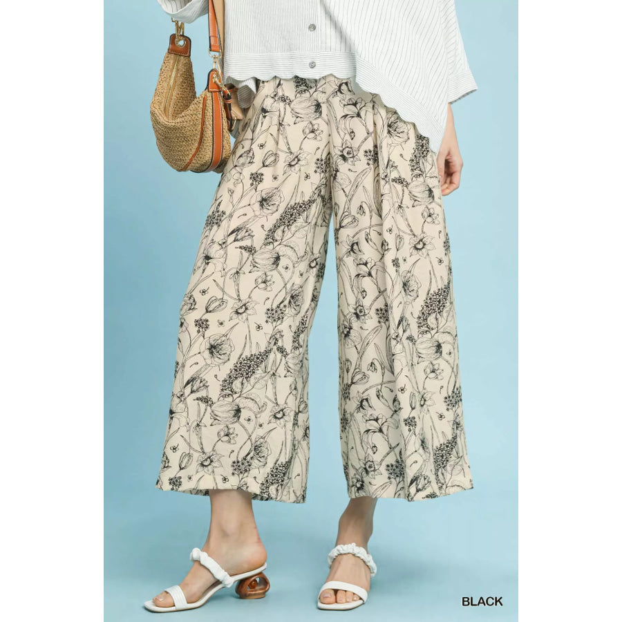 Umgee Two Tone Floral Print Pants BLACK / S Apparel and Accessories