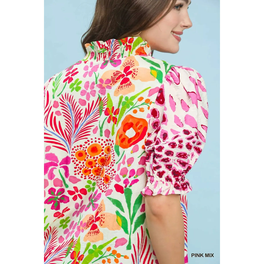 Umgee V-Neck Ruffle Trim Puff Sleeve Top Apparel and Accessories