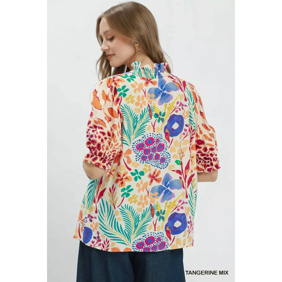 Umgee V-Neck Ruffle Trim Puff Sleeve Top Apparel and Accessories