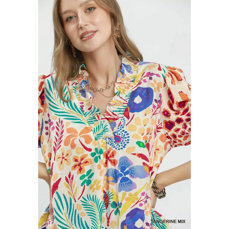 Umgee V-Neck Ruffle Trim Puff Sleeve Top Apparel and Accessories
