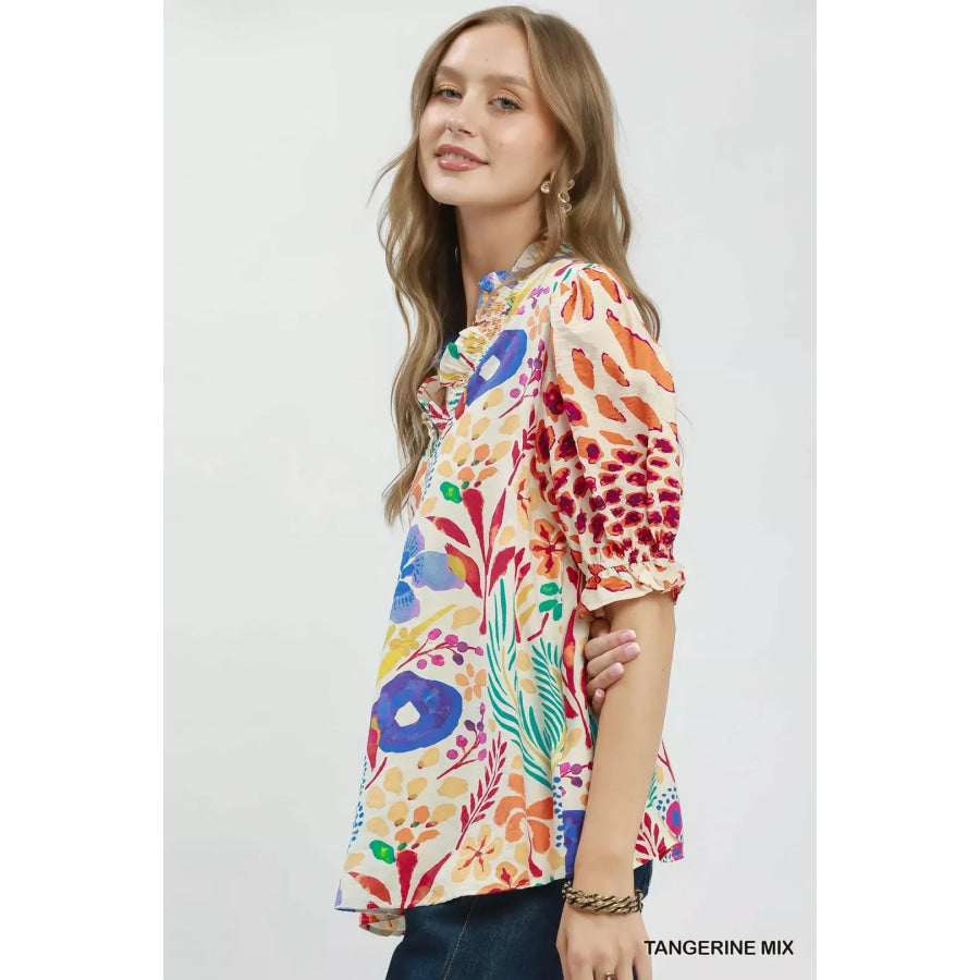 Umgee V-Neck Ruffle Trim Puff Sleeve Top TANGERINE MIX / S Apparel and Accessories