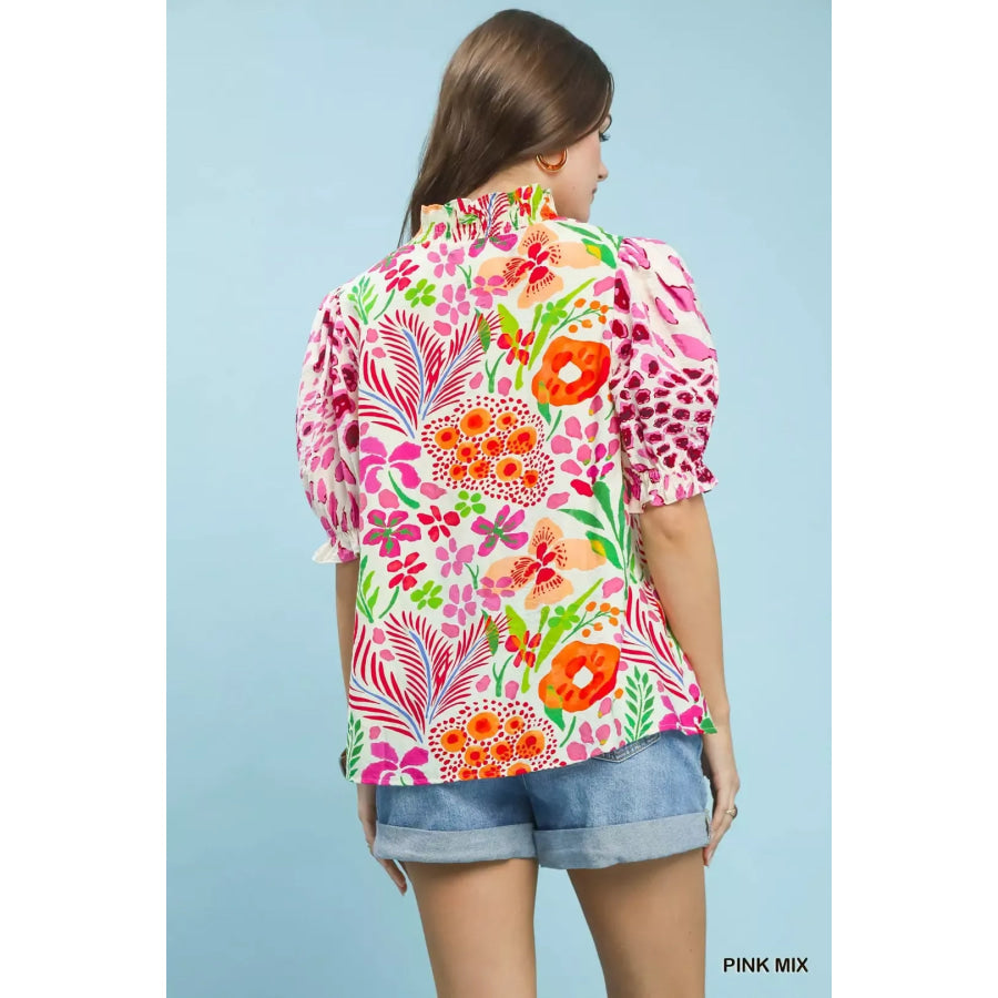 Umgee V-Neck Ruffle Trim Puff Sleeve Top Apparel and Accessories