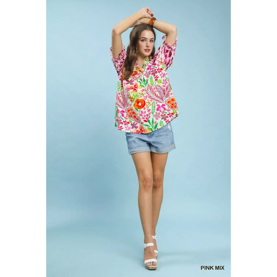 Umgee V-Neck Ruffle Trim Puff Sleeve Top Apparel and Accessories
