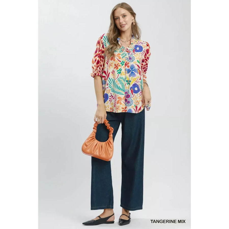 Umgee V-Neck Ruffle Trim Puff Sleeve Top Apparel and Accessories