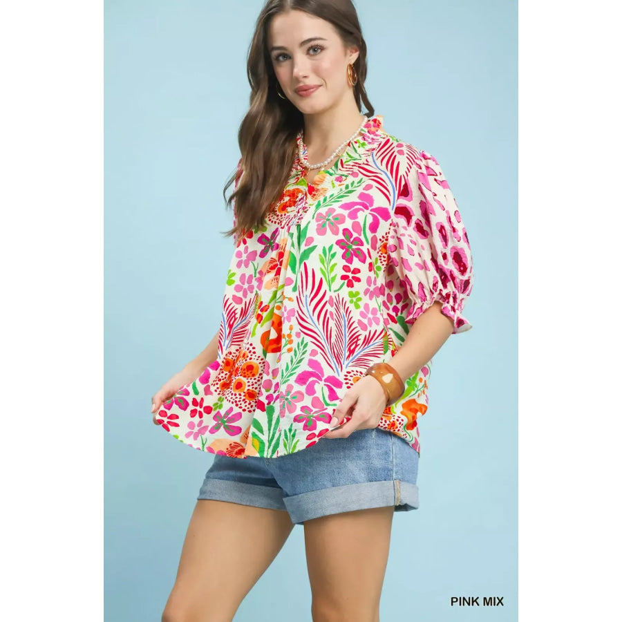 Umgee V-Neck Ruffle Trim Puff Sleeve Top PINK MIX / S Apparel and Accessories