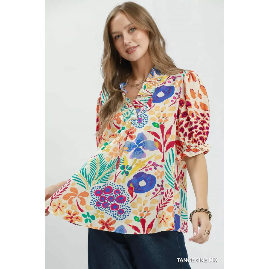 Umgee V-Neck Ruffle Trim Puff Sleeve Top TANGERINE MIX / S Apparel and Accessories