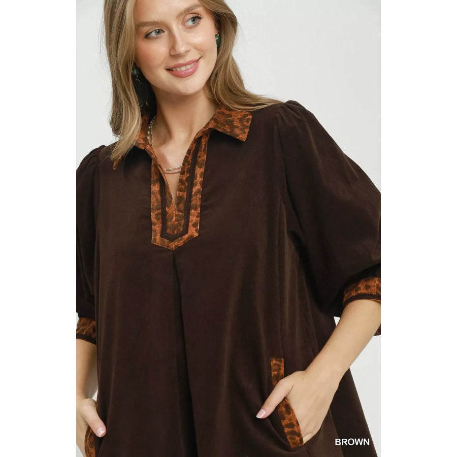 Umgee V-Neck Shift Dress with Contrast Trim Apparel and Accessories