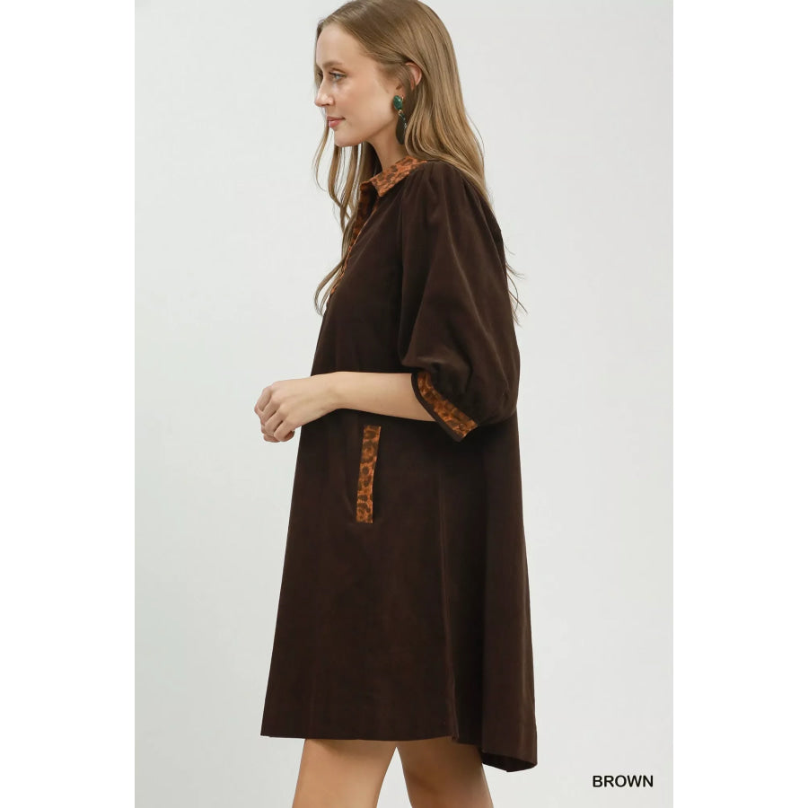Umgee V-Neck Shift Dress with Contrast Trim BROWN / S Apparel and Accessories