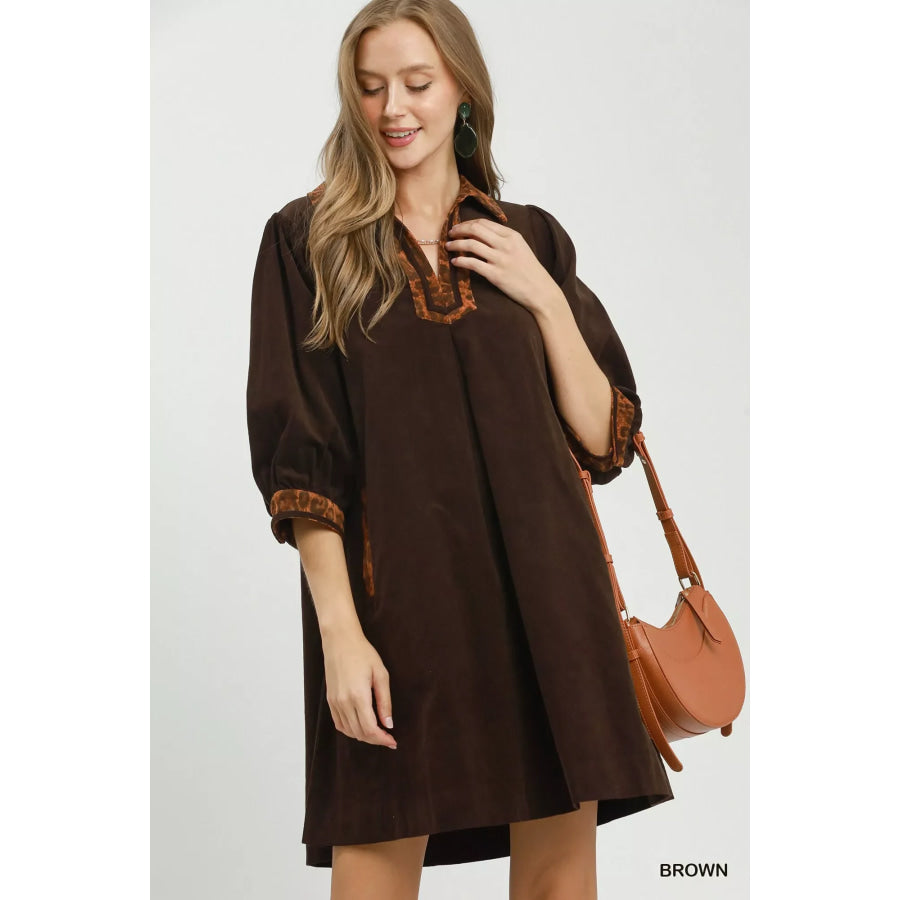 Umgee V-Neck Shift Dress with Contrast Trim BROWN / S Apparel and Accessories