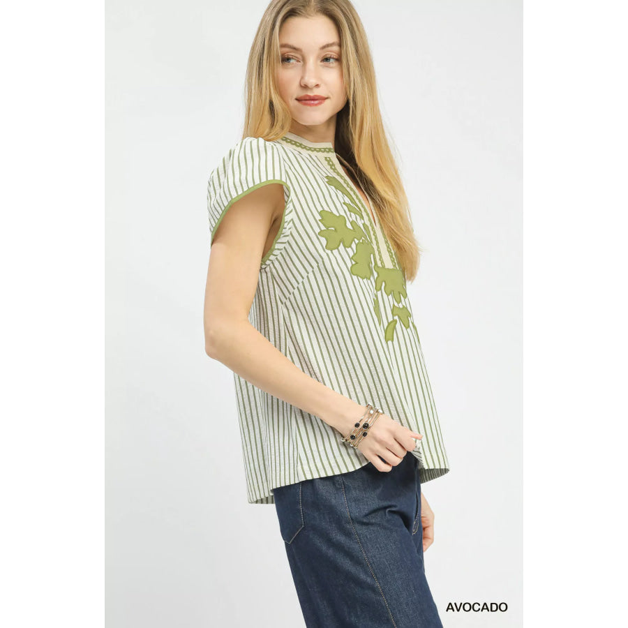 Umgee V-Neck Stripe Top with Lace Trim Apparel and Accessories