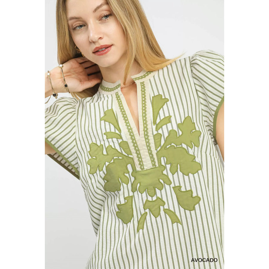 Umgee V-Neck Stripe Top with Lace Trim Apparel and Accessories