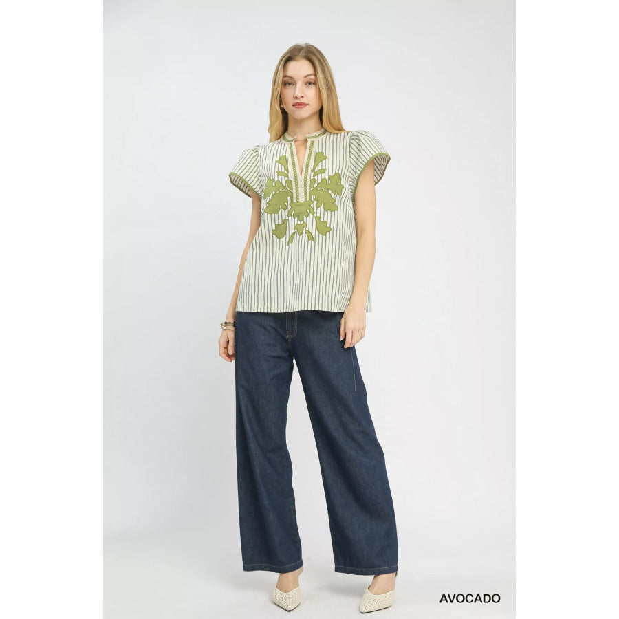 Umgee V-Neck Stripe Top with Lace Trim Apparel and Accessories