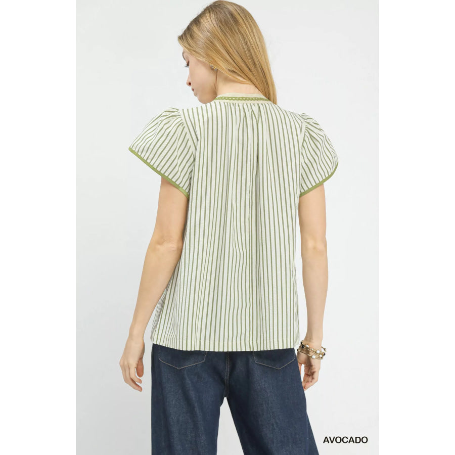 Umgee V-Neck Stripe Top with Lace Trim Apparel and Accessories