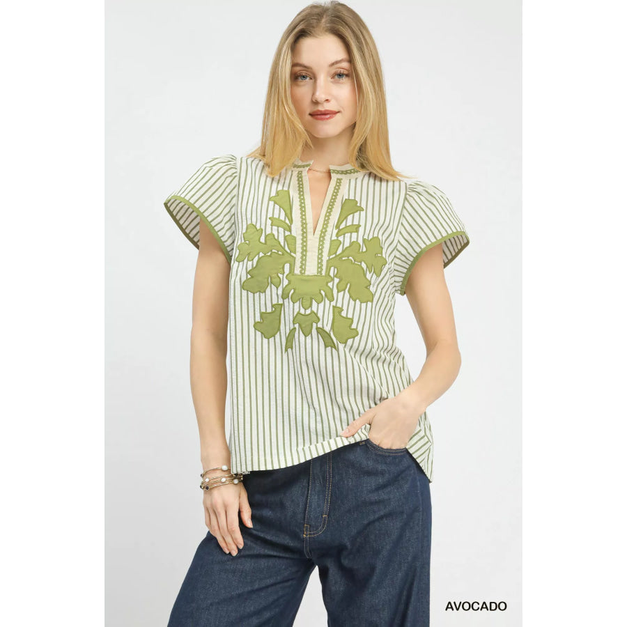 Umgee V-Neck Stripe Top with Lace Trim AVOCADO / S Apparel and Accessories