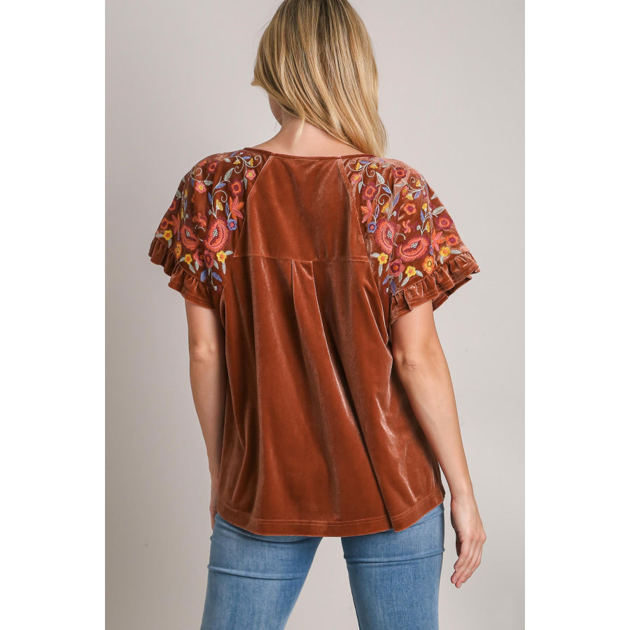 Umgee Velvet Embroidery Short Sleeve Blouse Apparel and Accessories