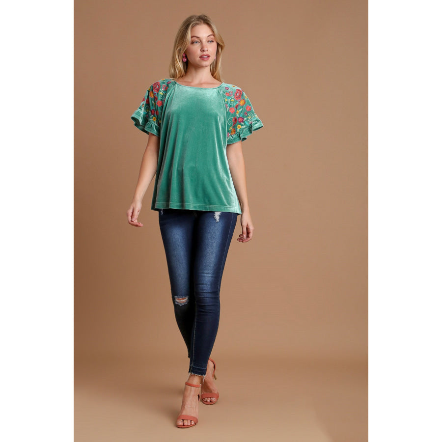 Umgee Velvet Embroidery Short Sleeve Blouse Apparel and Accessories