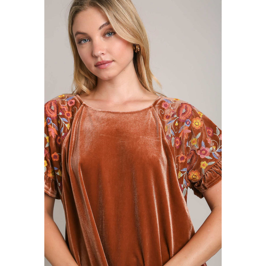 Umgee Velvet Embroidery Short Sleeve Blouse Apparel and Accessories