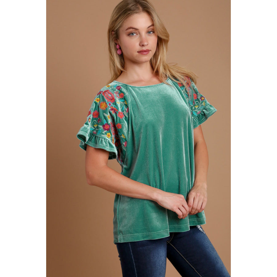 Umgee Velvet Embroidery Short Sleeve Blouse Apparel and Accessories