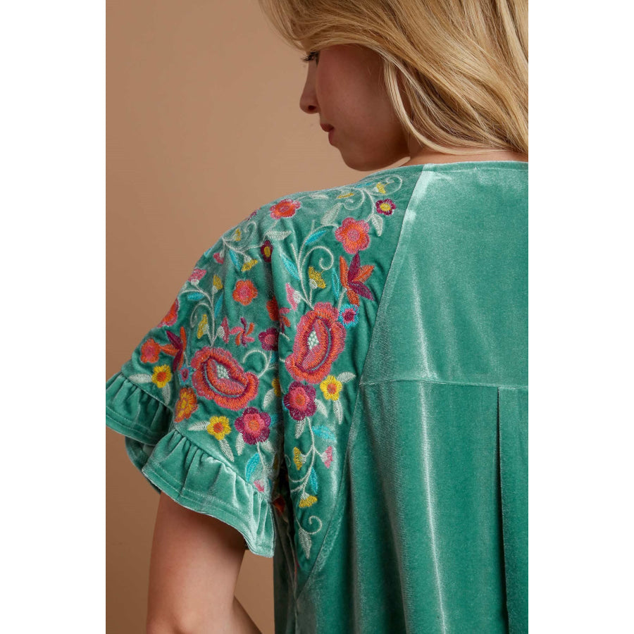 Umgee Velvet Embroidery Short Sleeve Blouse Apparel and Accessories