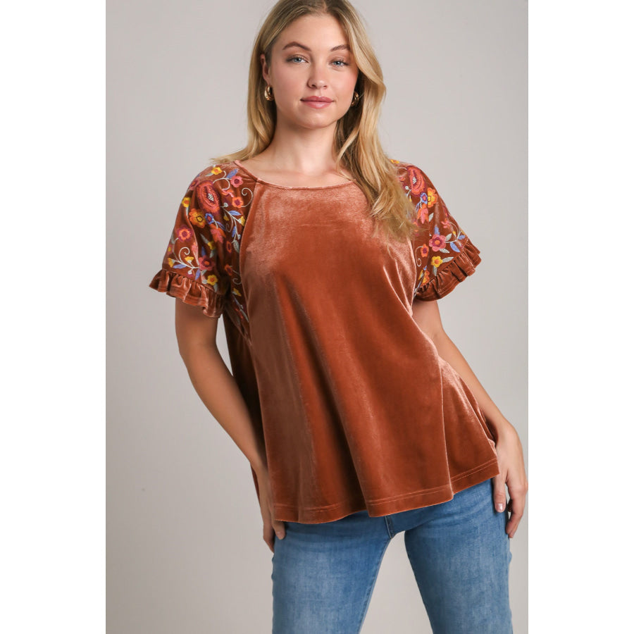 Umgee Velvet Embroidery Short Sleeve Blouse Brown / S Apparel and Accessories