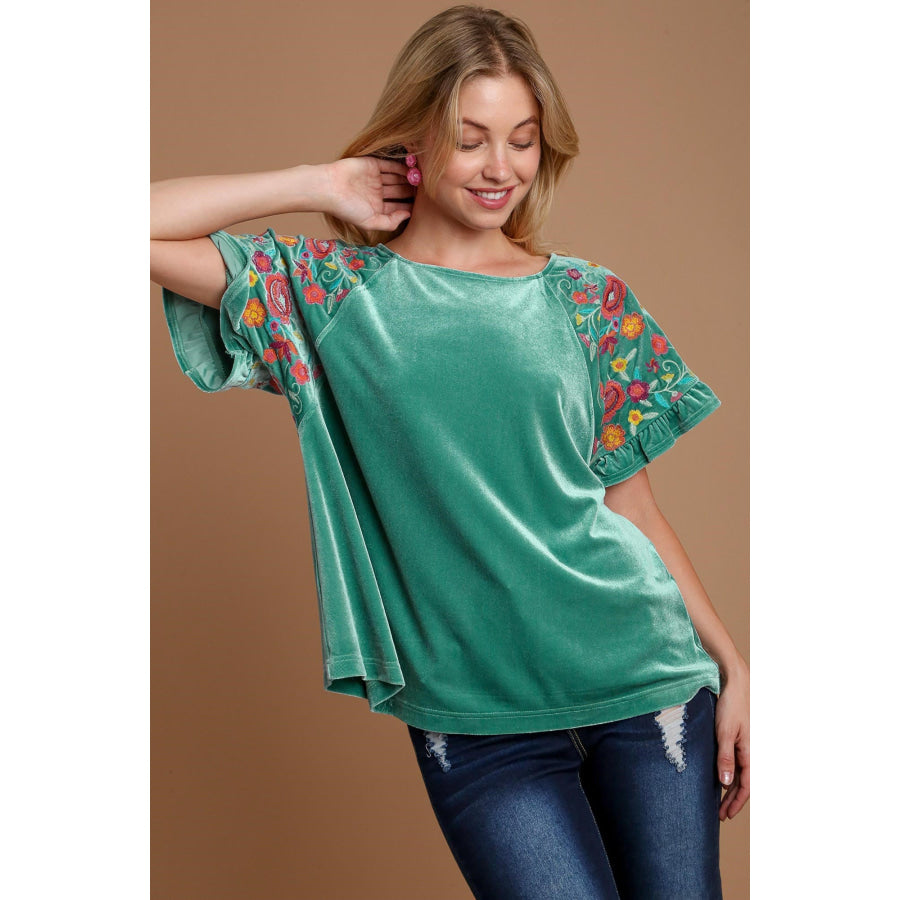 Umgee Velvet Embroidery Short Sleeve Blouse Turquoise / S Apparel and Accessories