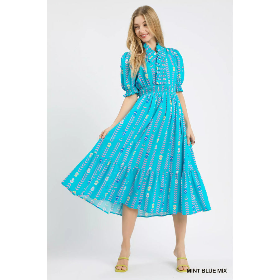 Umgee Vibrant Ruffle Smocked Midi Dress MINT BLUE MIX / S Apparel and Accessories