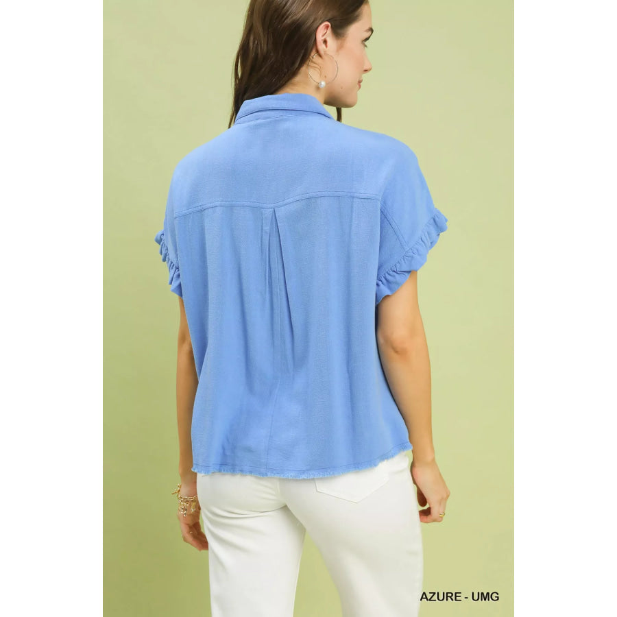 Umgee Washed Linen Blend Smocked Shirt Apparel and Accessories
