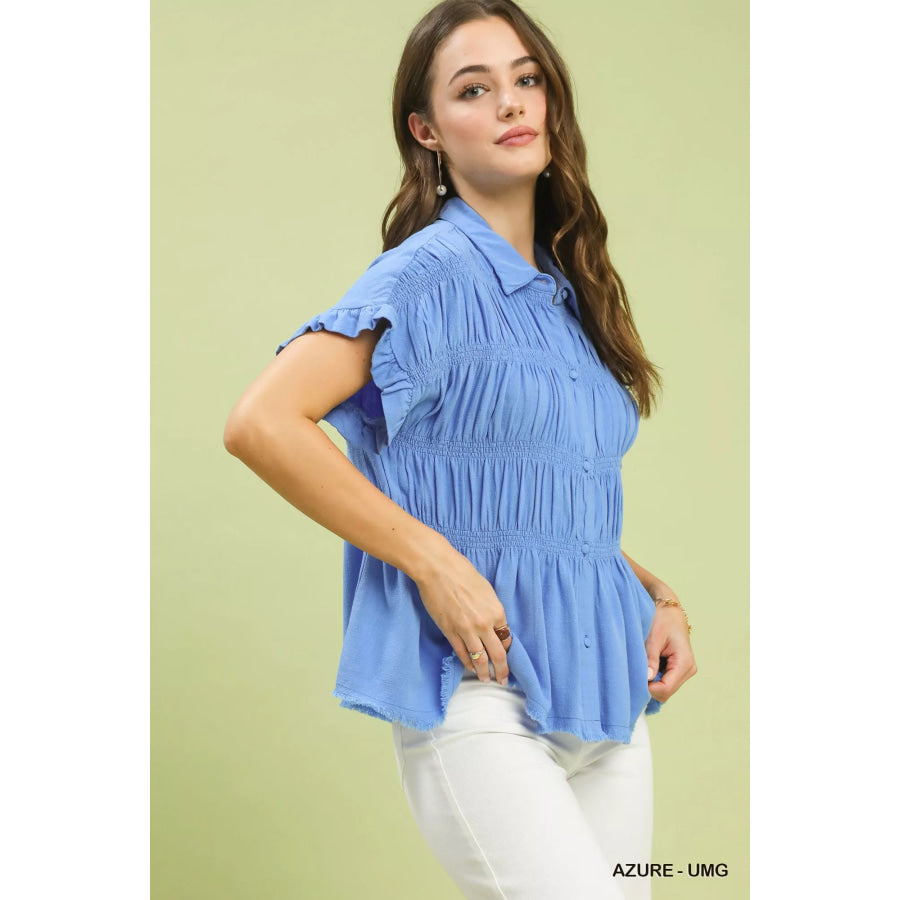 Umgee Washed Linen Blend Smocked Shirt AZURE-UMG / S Apparel and Accessories