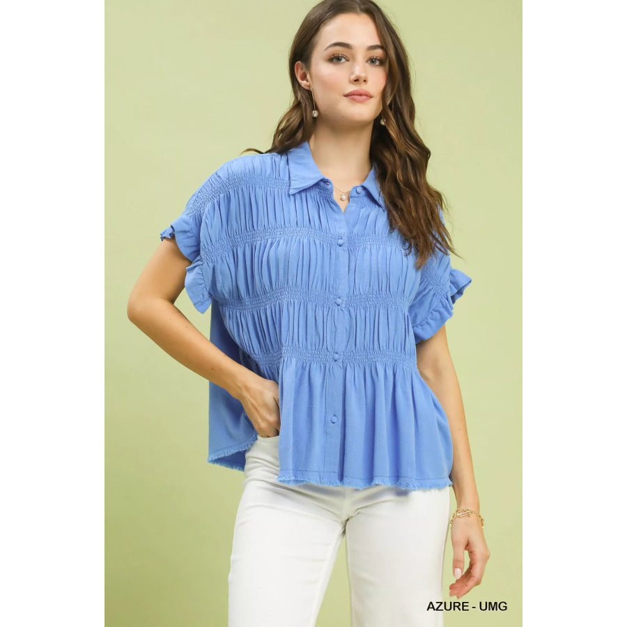 Umgee Washed Linen Blend Smocked Shirt AZURE-UMG / S Apparel and Accessories