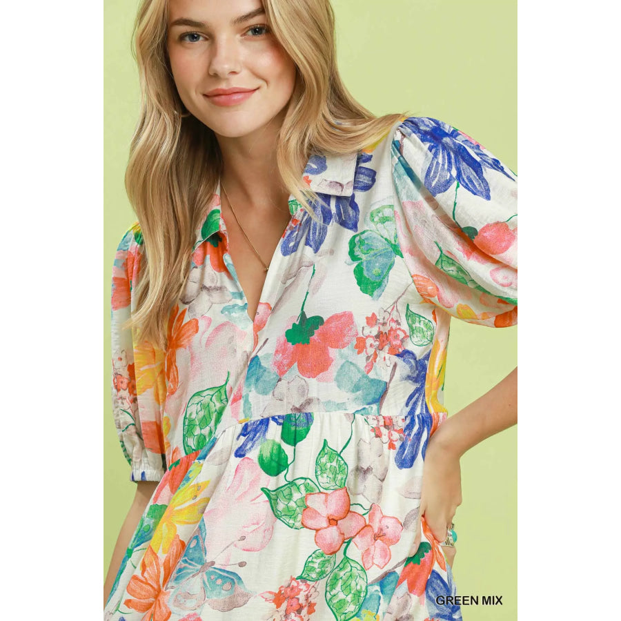 Umgee Watercolor Floral Tiered Midi Dress Apparel and Accessories