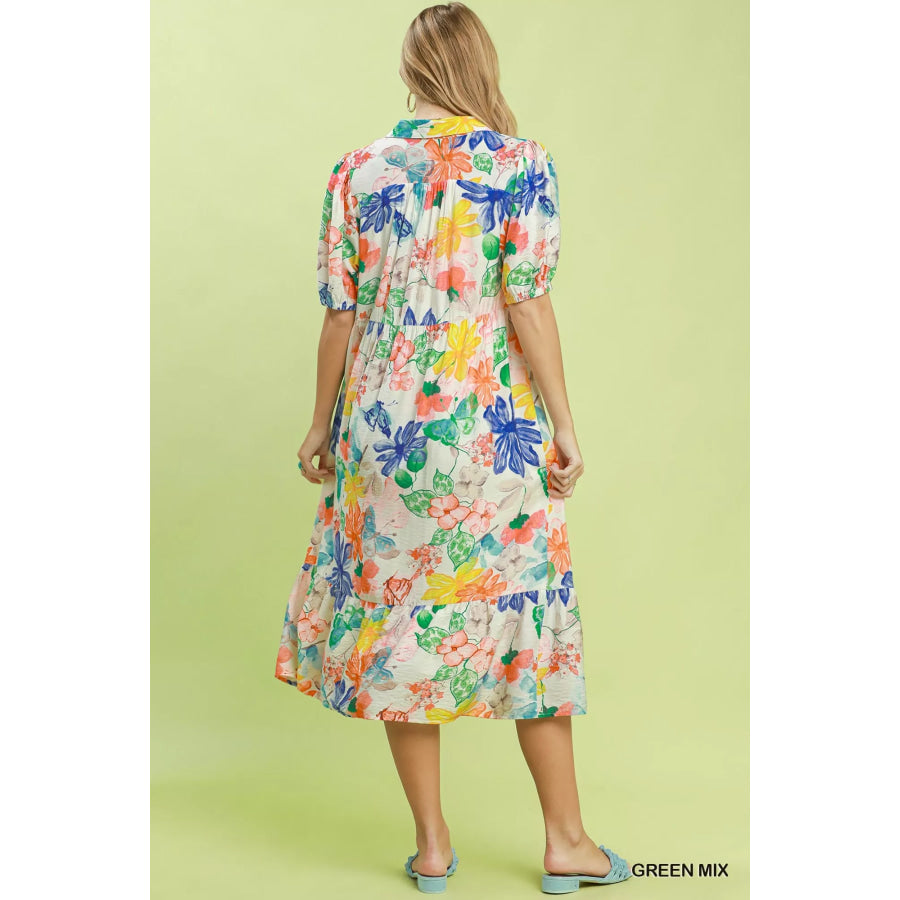 Umgee Watercolor Floral Tiered Midi Dress Apparel and Accessories