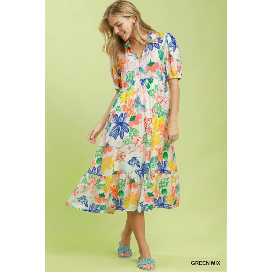 Umgee Watercolor Floral Tiered Midi Dress Apparel and Accessories