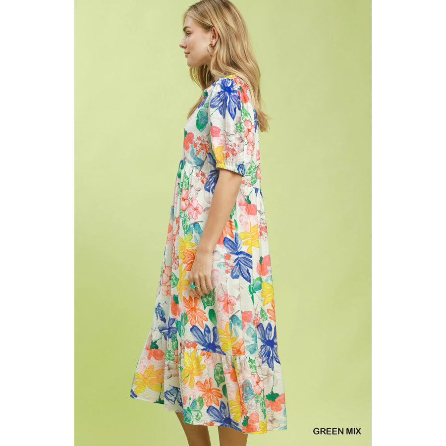 Umgee Watercolor Floral Tiered Midi Dress Apparel and Accessories